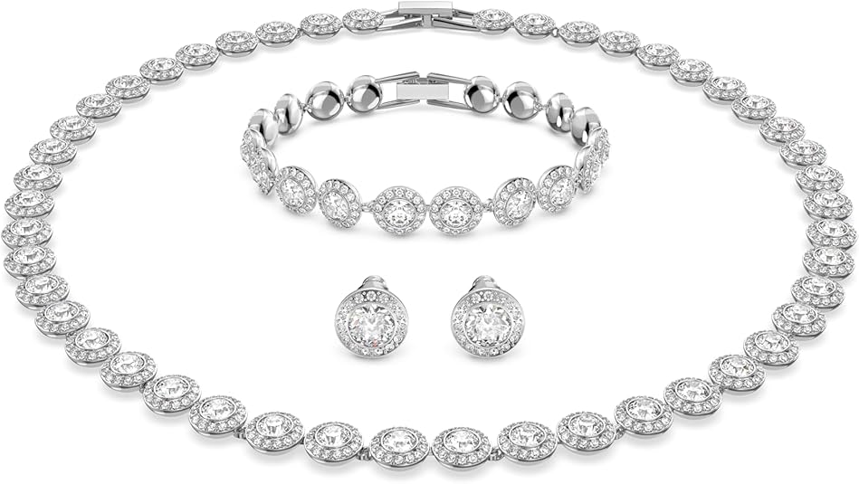Crystal Authentic Angelic All Around Set of Necklace, Bracelet and Earrings, White, Rhodium Finish- Women's Hypoallergenic Sparkling Jewelries - Nickel Free Crystal Jewelry Collection