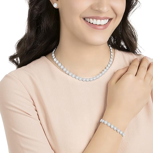 Crystal Authentic Angelic All Around Set of Necklace, Bracelet and Earrings, White, Rhodium Finish- Women's Hypoallergenic Sparkling Jewelries - Nickel Free Crystal Jewelry Collection